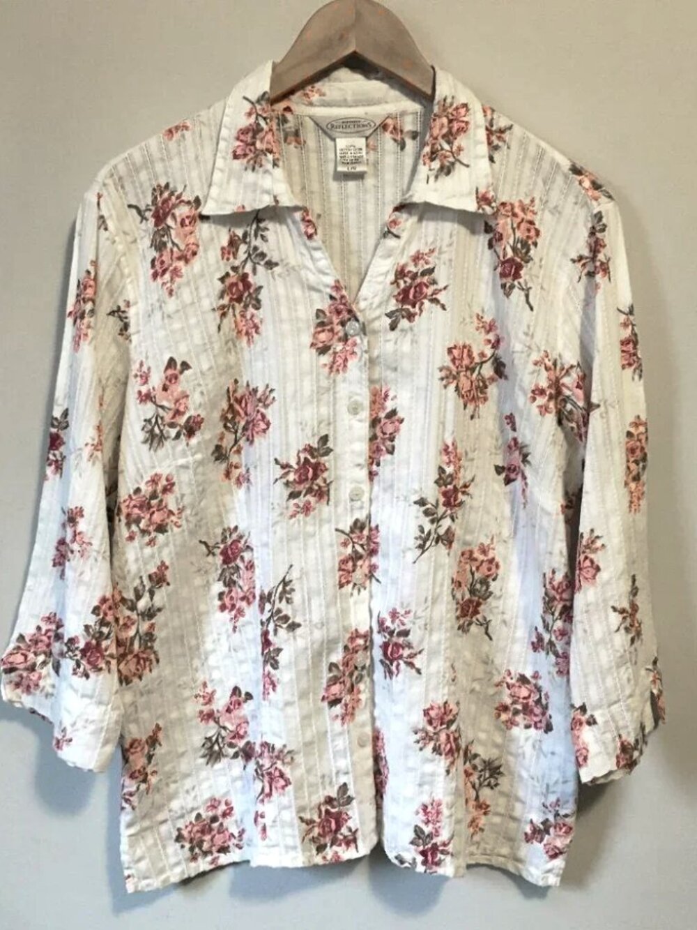 Northern Reflections White Pink Red Floral Cotton Button Down Shirt Large